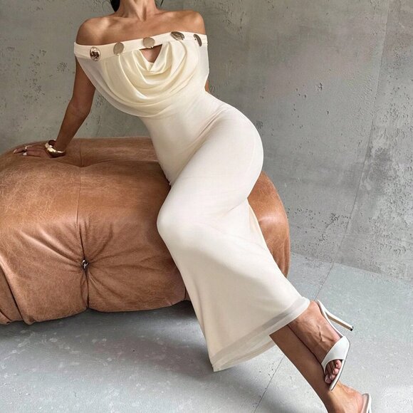 Apricot Elegant Women's Formal Maxi Dress Off Shoulder - Picture 6 of 7